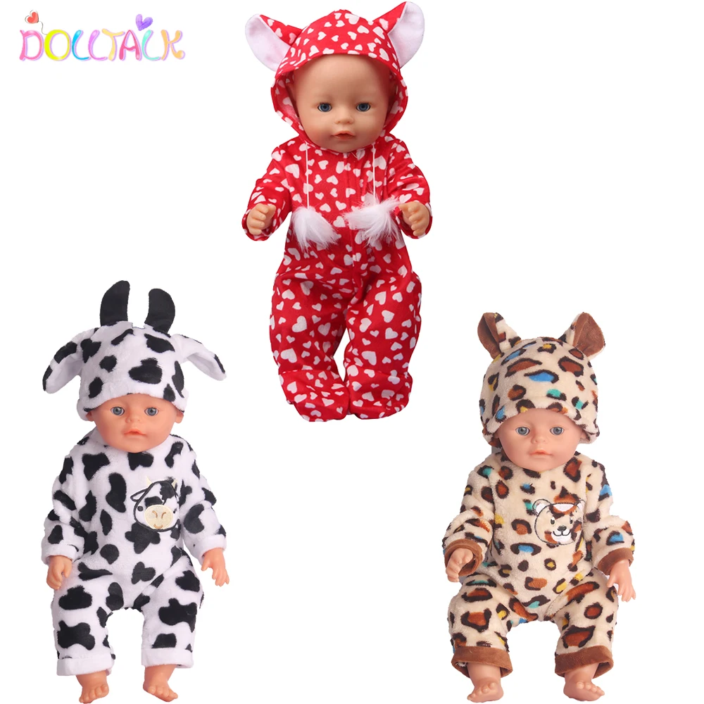 

17" American Doll Outfit Cute Cartoon Cat,Cow,Heart Jumpsuit + Hat Clothes Set Suit For 43cm New Born Bebe&Russia,OG Girl Doll