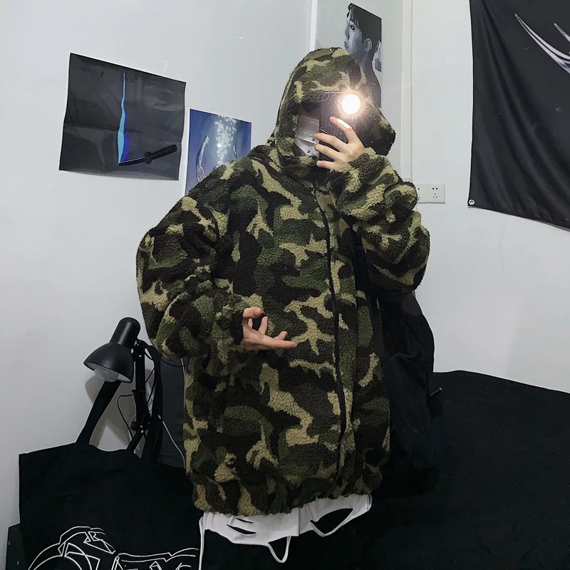 2021 new faux Lambskin Camouflage Zipper Hooded Loose Coat Men and Women Fashion