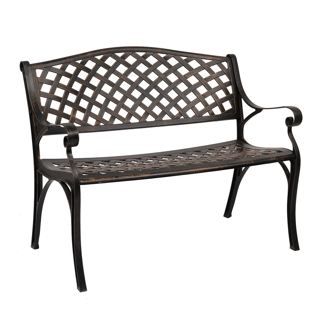 102CM Outdoor Cast Aluminum Bench With Mesh Backrest Seat Surface for Courtyard Park Decoration Bronze[US-Stock]