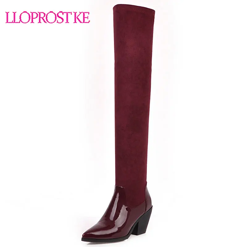 

Lloprost ke 2020 Fashion Patent Leather Patchwork Stretch Faux Suede Over-the-Knee Boots for Women Winter Boots Woman Shoes H627