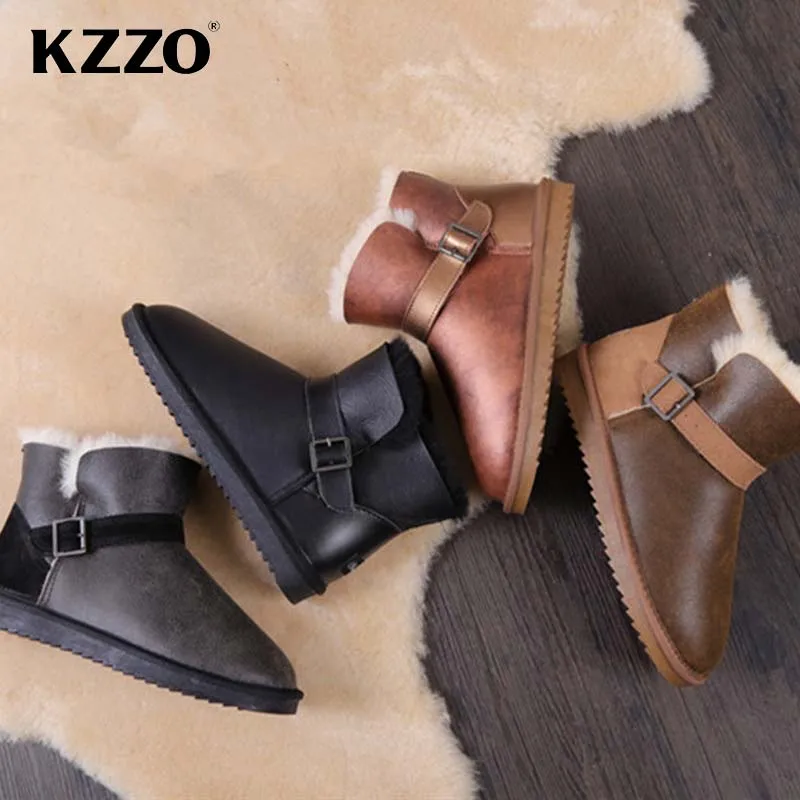 KZZO 2023 New Men Casual Real Sheepskin Leather Winter Snow Boots Natural Wool Fur Lined Keep Warm Shoes Waterproof Slip on