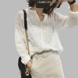 V Neck Floral Embroidery Shirt Women Long Sleeve Cotton Shirts Spring Summer