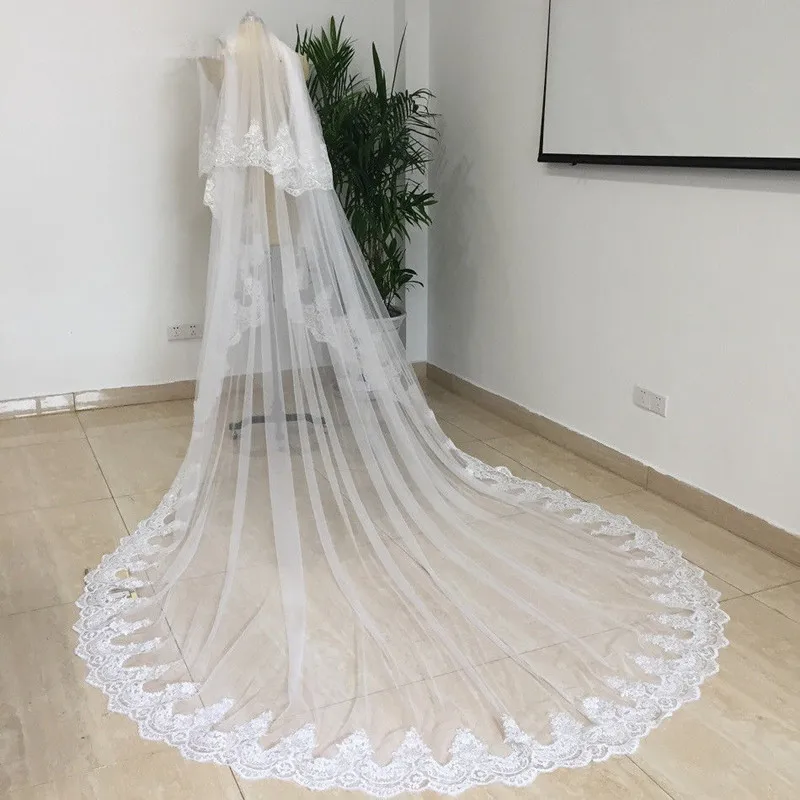 White Ivory Bride Two Layers 4M Mantilla Velo Cathedral Long Bridal Veils Lace Edge Wedding Veil With Comb Wedding Accessories