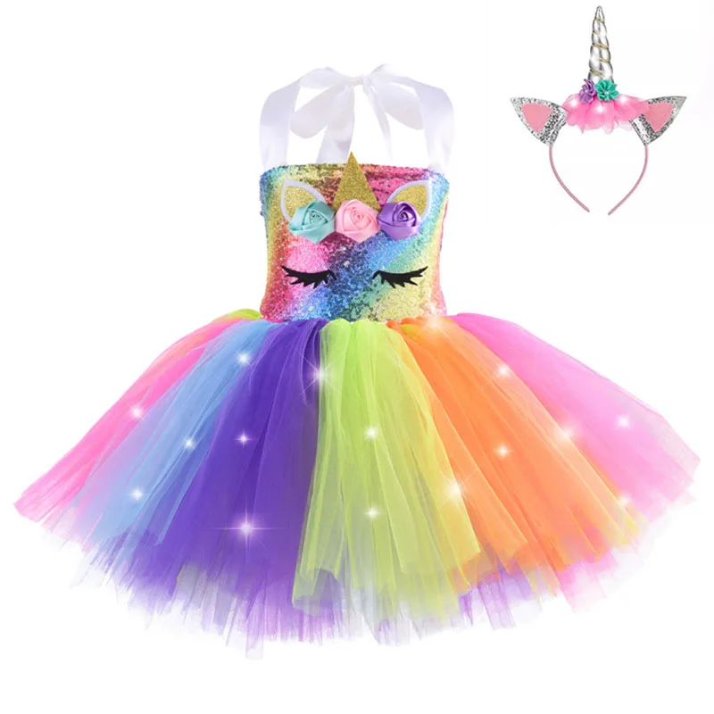 Girl Unicorn Dresses for Girls Tutu Princess Party Dresses with LED Lights Flower Birthday Party Cosplay Costume Girls Clothing