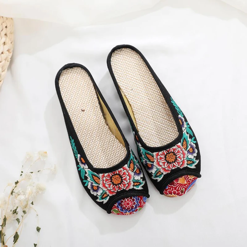 ZFTL Chinese traditional cloth shoes women embroidered ethnic sandals slippers home slippers Internal increase female handmade