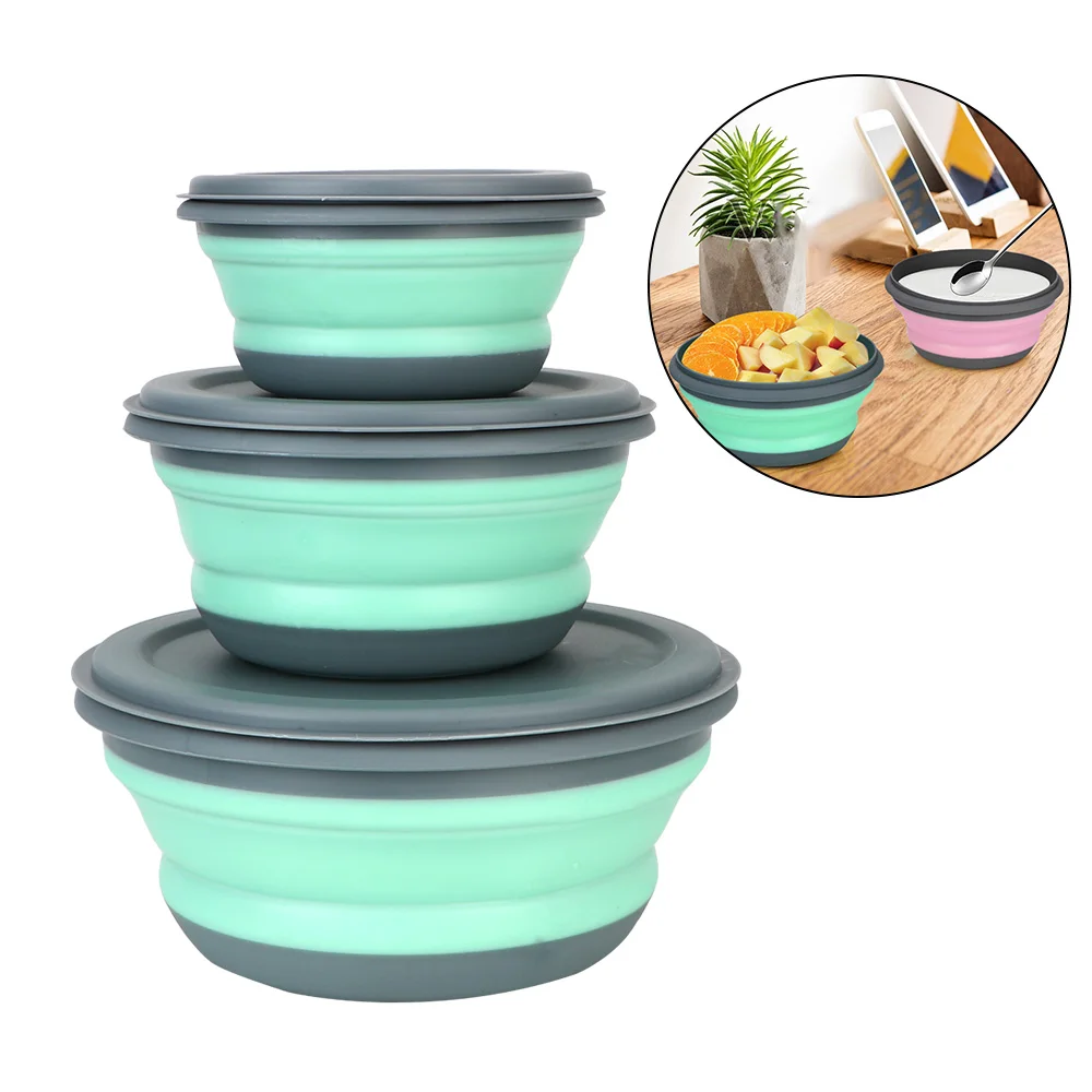 3 PCS/Set Camping Bowl Foldable Silicone Collapsible Bowl Lunch Box Salad Bowl Lid Expandable Food Storage Container Bento Box