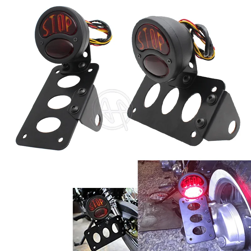 Motorcycle Side Mount License Plate Bracket Brake Tail Light Compatible for Harley Davidson Sporster Bobber Chopper Universal