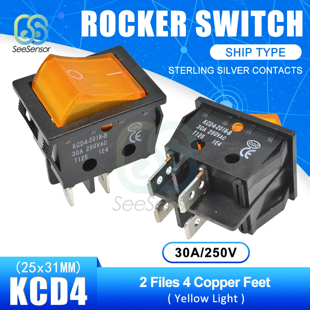 5PCS KCD4 Rocker Switch Power Switch ON-OFF 2 Position 4 Pins / 6 Pins Electrical Equipment With Light 30A 250VAC