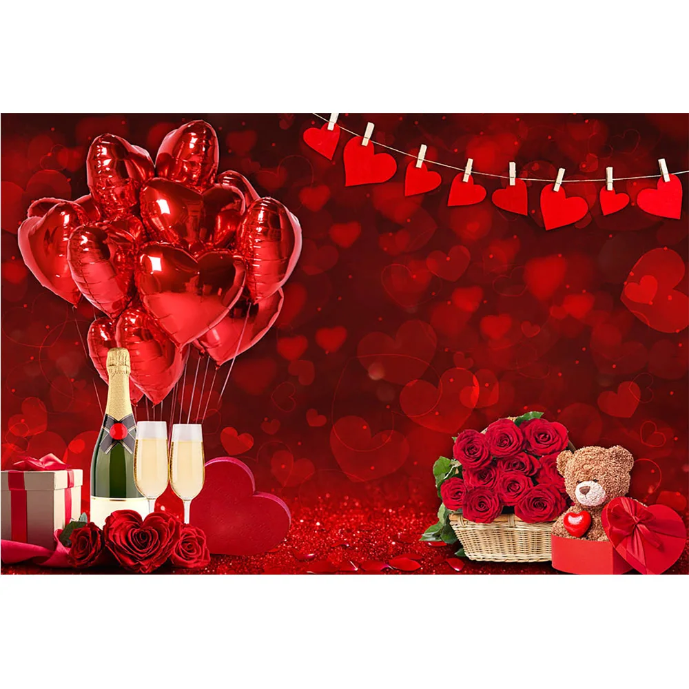 Red Bokeh Valentine's Day Backdrop Rose Love Balloons Bear Toys Portrait Photography Gift Champagne Wedding Background Photocall