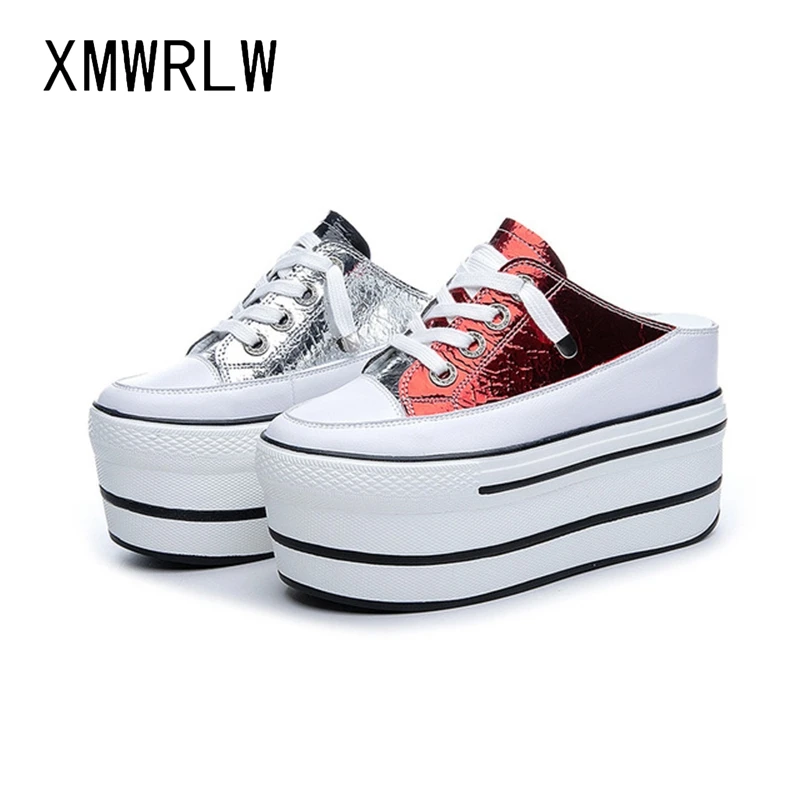 

XMWRLW Split Leather Half Shoes For Woman 2020 Spring Summer Flat Platform Shoes Women Thick Sole Wedges Sneakers Women Shoe