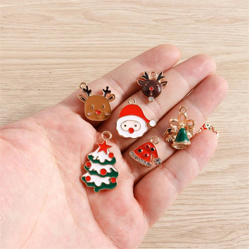 10pcs Cute Enamel Christmas Charms for Jewelry Making Santa Claus Tree Deer Bell Glove Snowflake Pendants for Necklaces Earrings