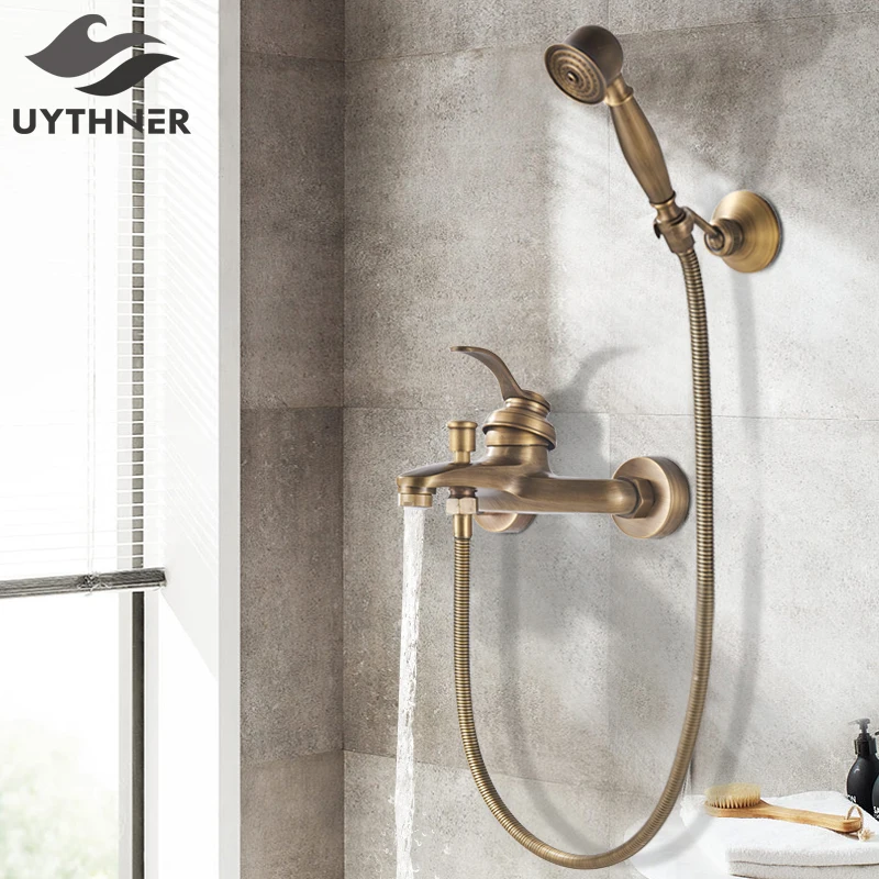 

Antique Brass Bathroom Shower Faucet Bath Faucet Mixer Tap ABS Hand Shower Set Wall Mount Black Shower Control Valve Taps