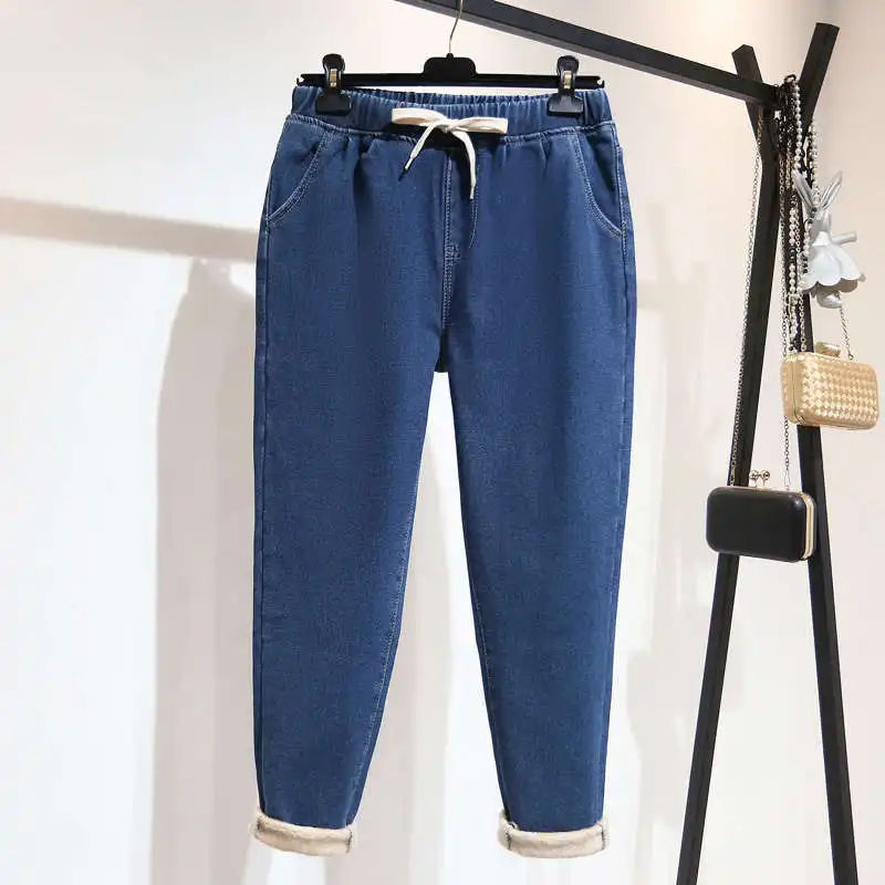 5XL Plus Size Denim Harem Pants Women Autumn Winter Plus Velvet Thicken Elastic Waist Stretch Jeans Woman Long Mom Jeans C6853