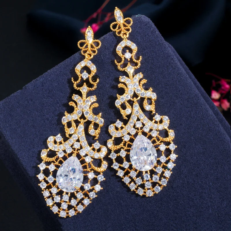 CWWZircons Royal Vintage Women Wedding Party Dress Jewelry Long Big 585 Dubai Gold Plated Earrings for Brides Accessories CZ650