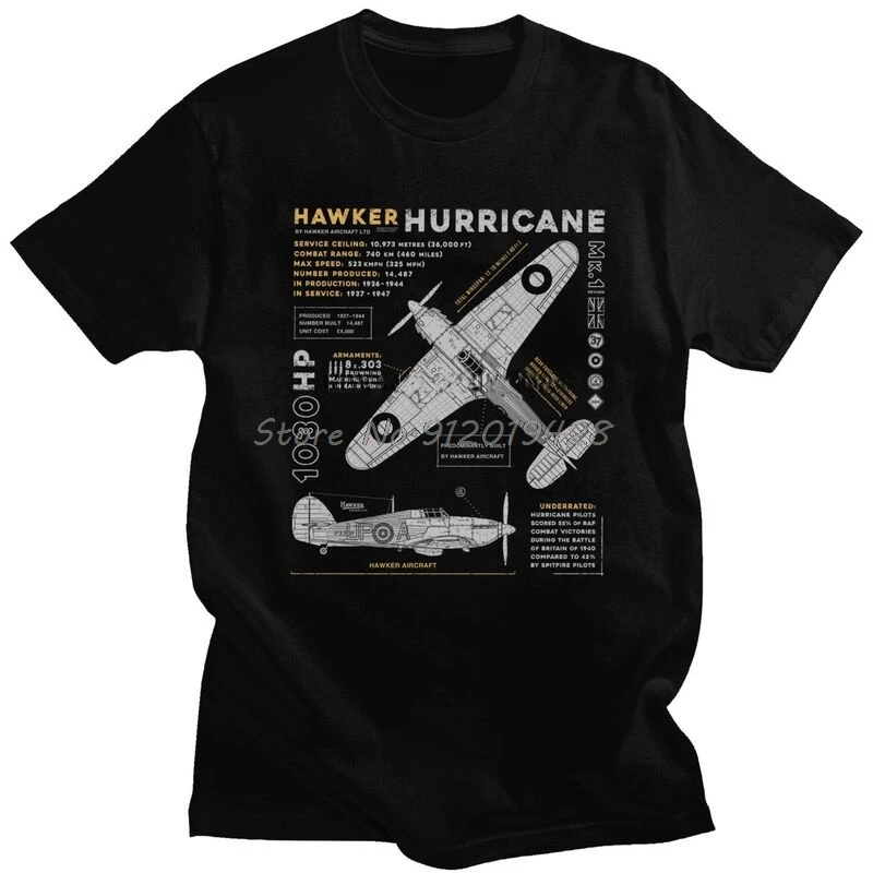 Spitfire Hawker Hurricane T Shirt Men Short Sleeved Cotton Tshirt Fighter Plane War T-shirt Pilot Aircraft Airplane Tee Top