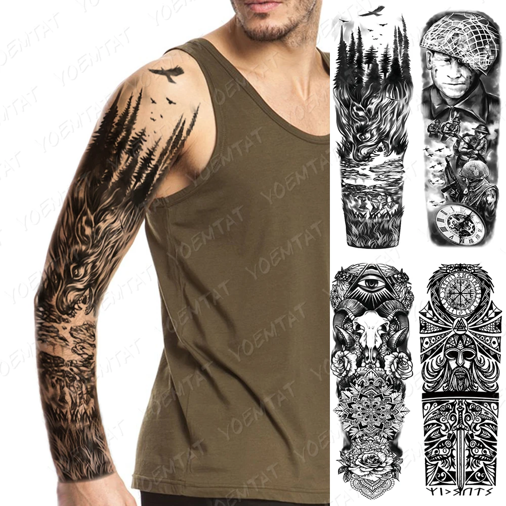 

Waterproof Temporary Full Arm Tattoo Sticker Wolf Warrior Maori Skull Compass Flash Tatoo Man Body Art Fake Sleeve Tatto Female