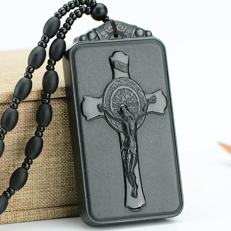 Natural 7A hetian black green jade pendant Jesus cross hand carved pendants necklace brand men women