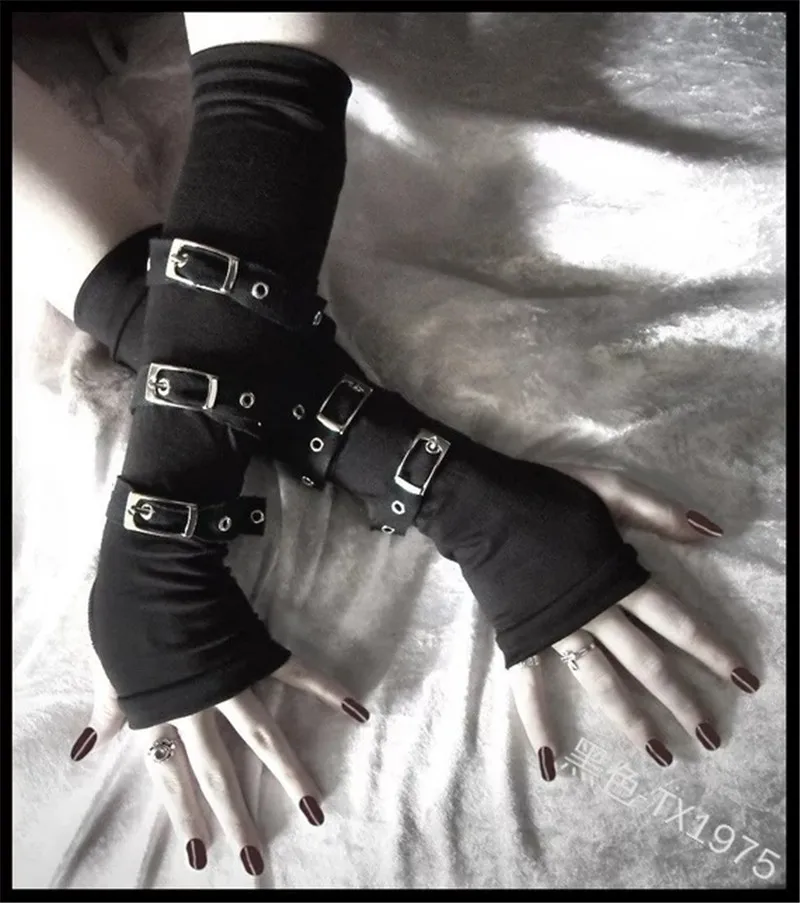 Idopy Women`s Punk Gloves Metal Buckle Black Gothic Sleeves Bracer For Party Cosplay Stage Performance