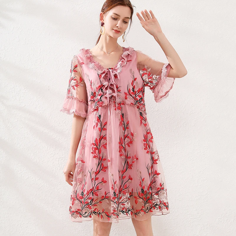 

Women's Big Size Loose Dress, Heavy Embroidery, Elegant Dress, Flare Sleeve, V Neck, Short Sleeve, Loose, Show Thin, Summer, New