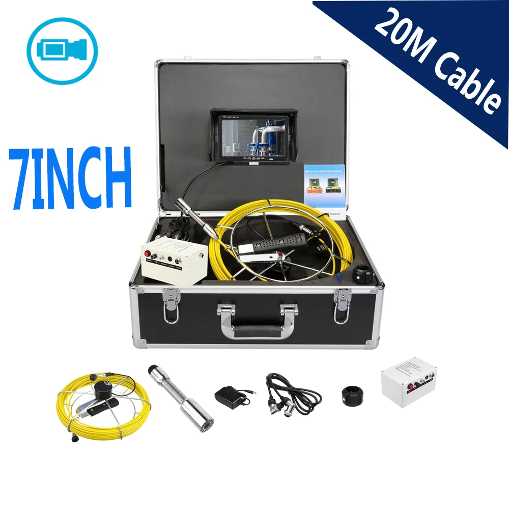 

7"LCD DVR 1000TVL 23mm Pipe Sewer Drain Industrial Inspection Endoscope Camera System 20m Cable 12pcs LEDS 12V4500mAh Battery