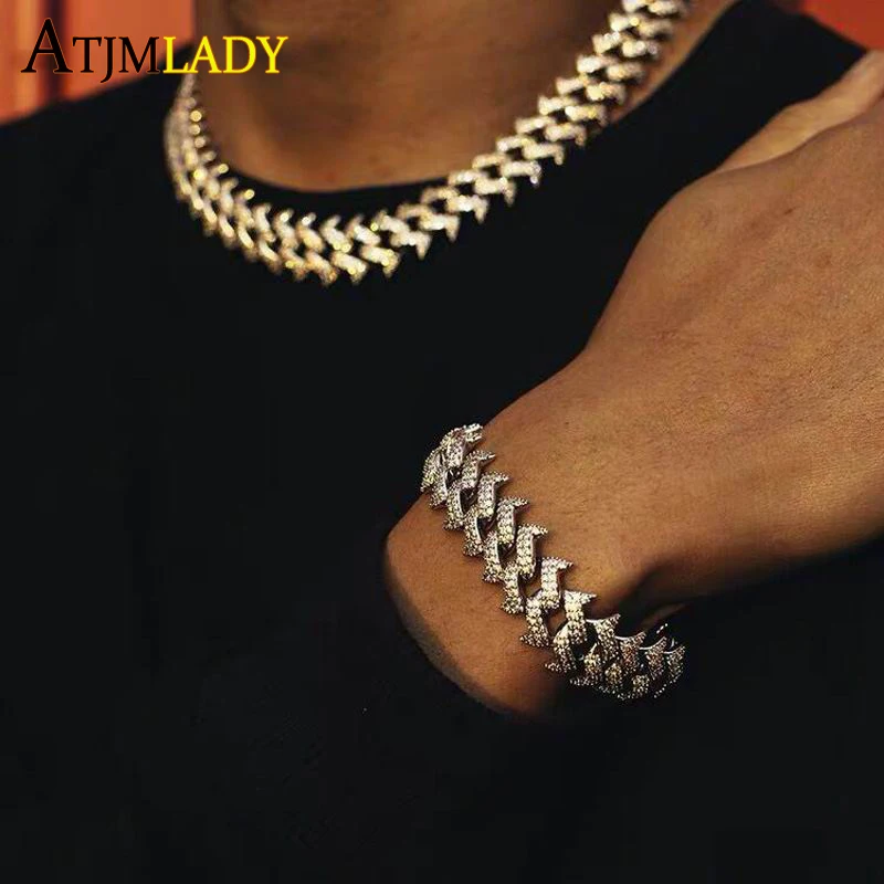 Wholesale men boy hiphop jewelry Rivets spiked cuban link chain iced out bling Rock Punk 5A cubic zirconia cz bracelet jewelry