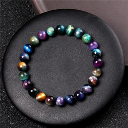 New Fashion Real Natural Tiger Eye Stone Bracelet 8mm Round Polished Stone Beaded Bracelet for Women Men Energy Jewelry Gifts