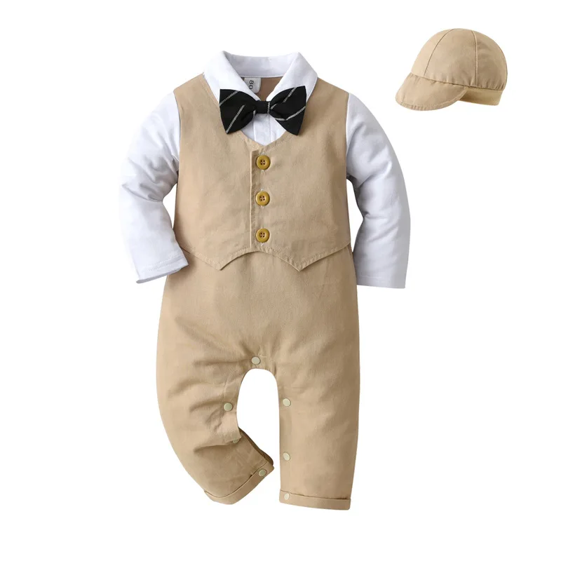 Spring Autumn Handsome Bowknot Boys Romper Long Sleeve Fake Vest Jumpsuit + Hat 2Pcs Suit For Boy Kids Gentleman Clothes