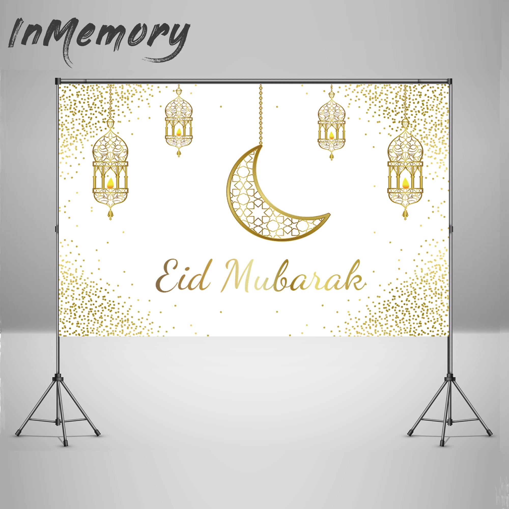 

Ramadan Kareem Background Eid Mubarak Golden Sand Moon Islamic Hanging Lamps Photo Backdrop White Vinyl Photocall Wallpaper