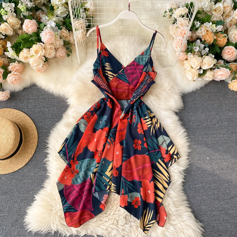 2024 Boho v neck slim floral print Midi Dress spaghetti strap sexy Summer Party Women Casual irregular Beach holiday Vestidos