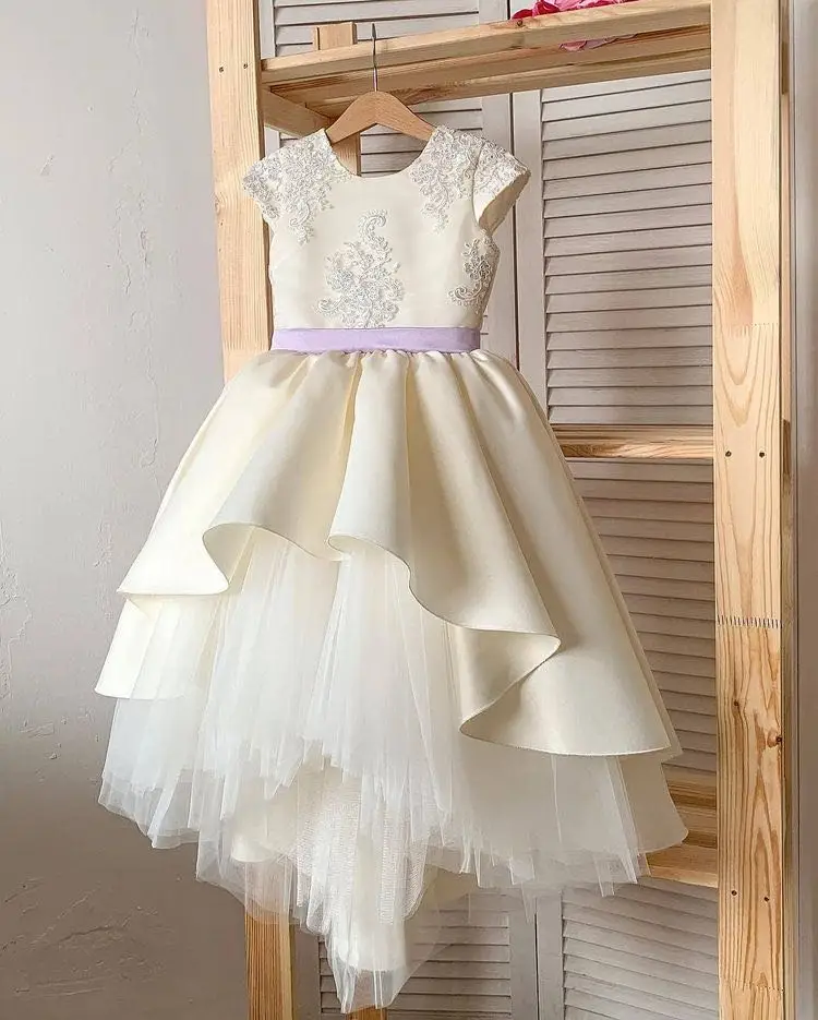 Ivory White Flower Girl Dresses With Pink Knot Cap Sleeve Lace Satin Girls Celebration Dresses Customize Girls Dresses