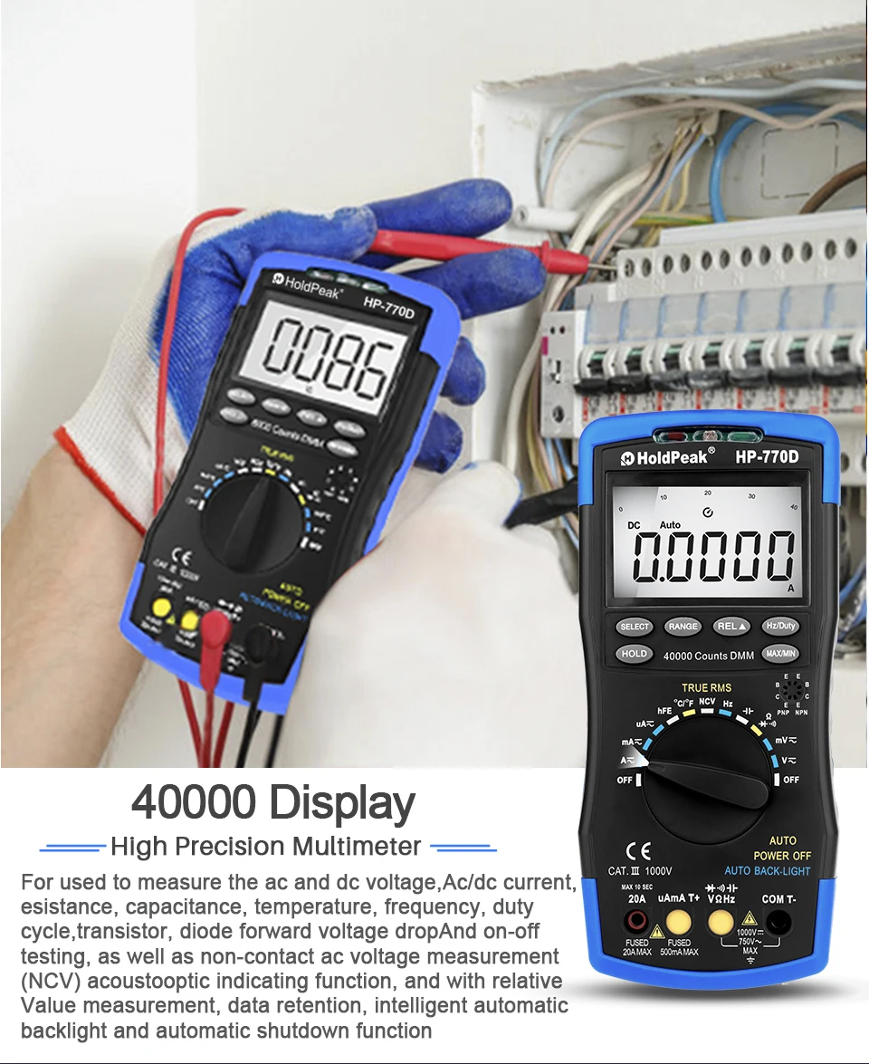 Digital Multimeter Tester HP-770D Auto Range Multimetro True RMS 40000 Counts Measure Ohm Volt Amp Esr Capacitor Tester