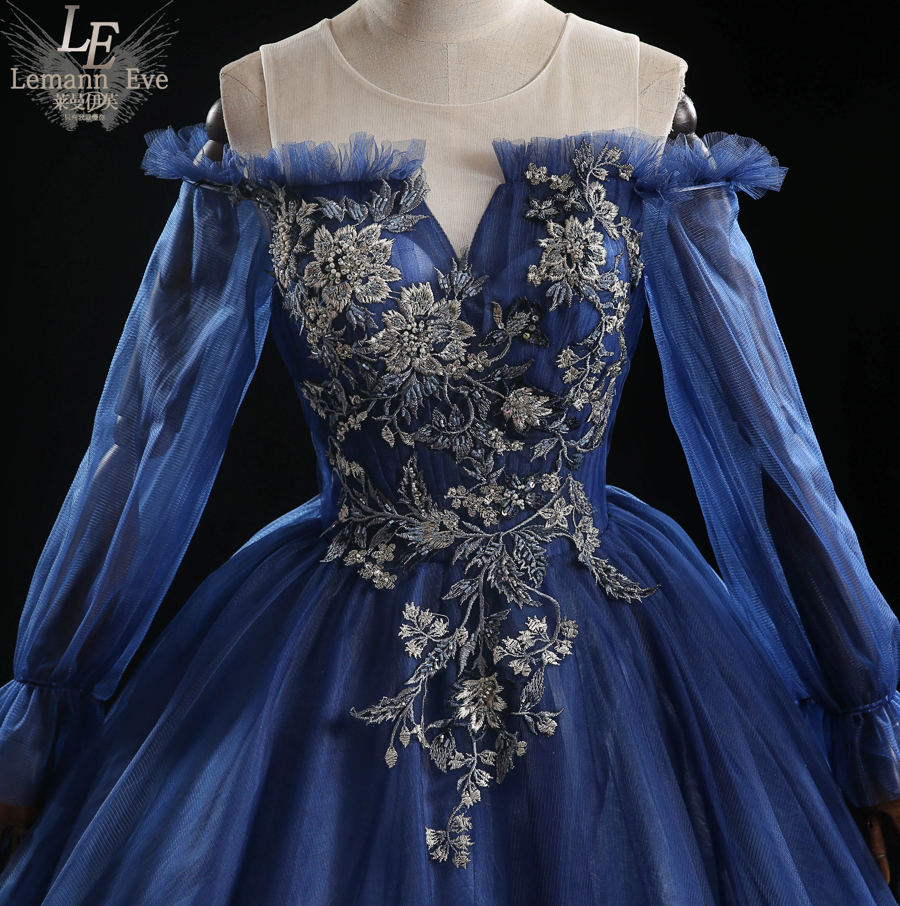 Royal blue แขนยาวเย็บปักถักร้อยลูกปัด rococo ball ชุดราตรียาว vintage ยุคกลางชุด Renaissance princess Victoria ชุด