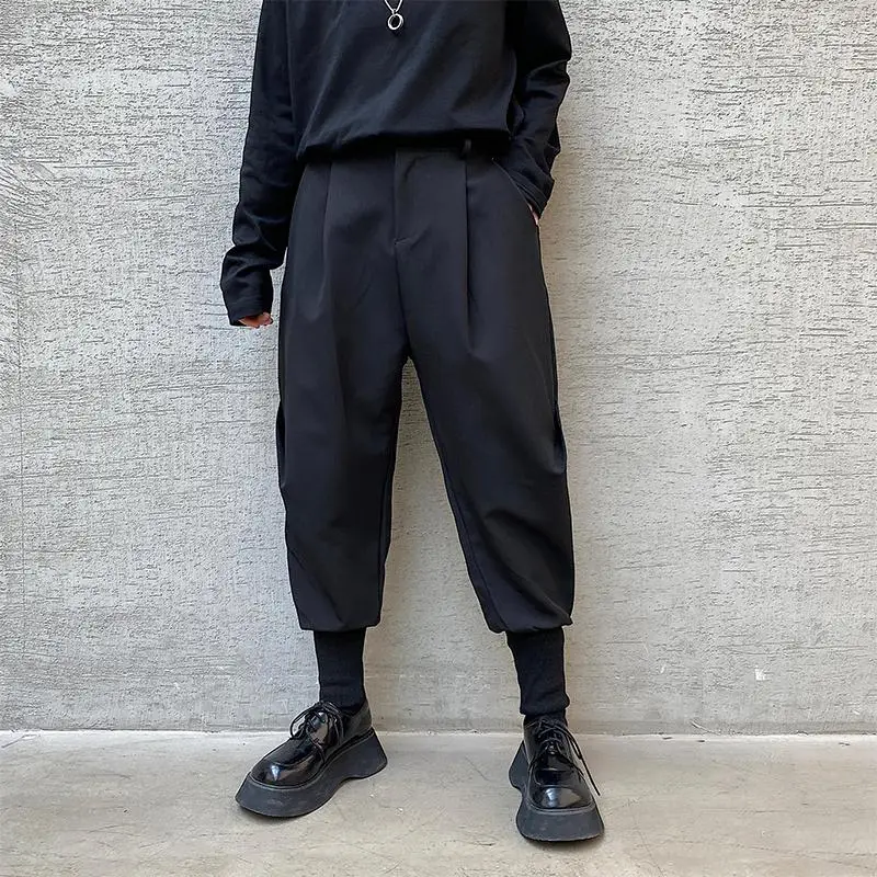 Calça do harém de cintura elástica cônico preta masculina, calça masculina algemada, roupas superdimensionadas de hip hop, moda