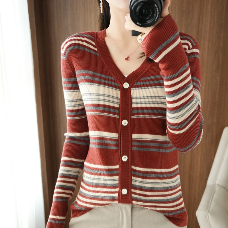 

Spring Autumn Pure Wool Women Sweater Casual Knit V-Neck Cashmere Cardigan Warm Soft Animal Wild Long and Short Sleeve Design