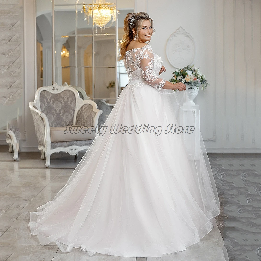 Vintage Plus Size Wedding Dress for Bride Eleagnt Scoop Neck Long Sleeves Lace Beading Sashes Tulle Ball Gown Bridal Dresses