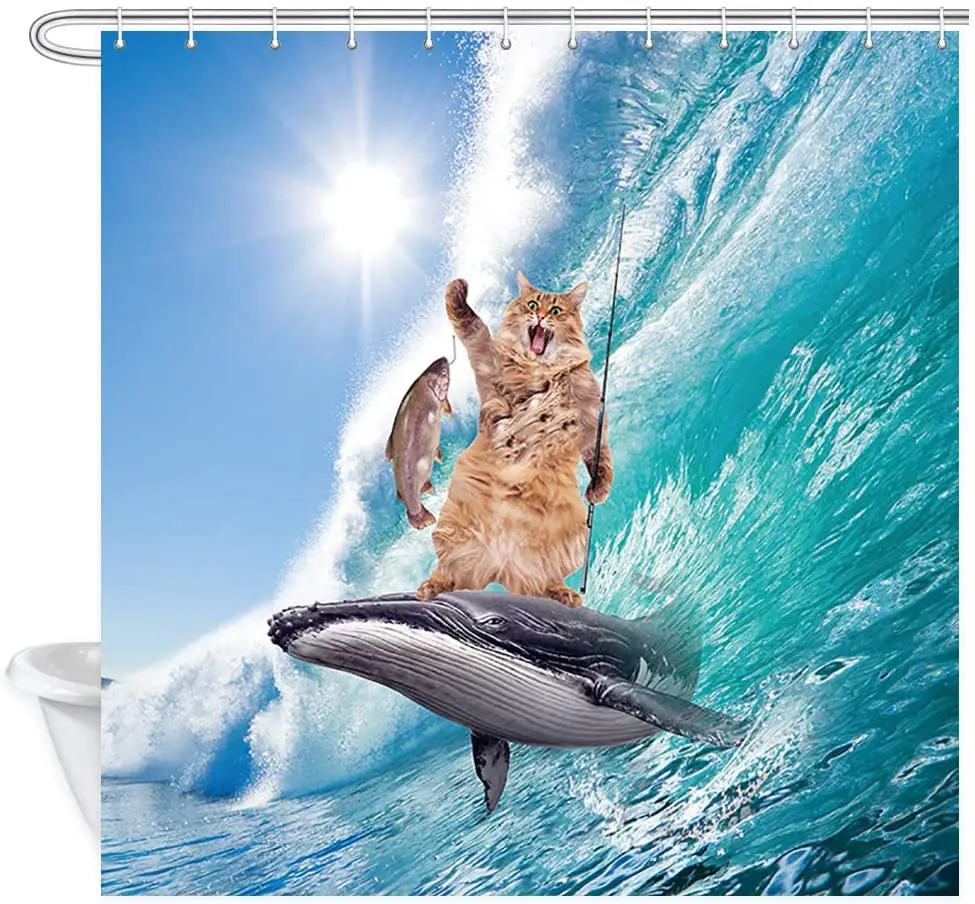 Funny Cat Standing on Whale Fishing on Ocean Rolling Wave Art Shower Curtain