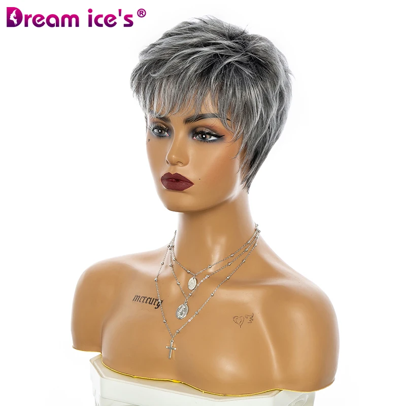 Short Mixed Gray Synthetic Wig With Bangs For Women High Temperature Fiber Natural Wavy Fluffy Hair Cosplay Daily Wig Dream Ices