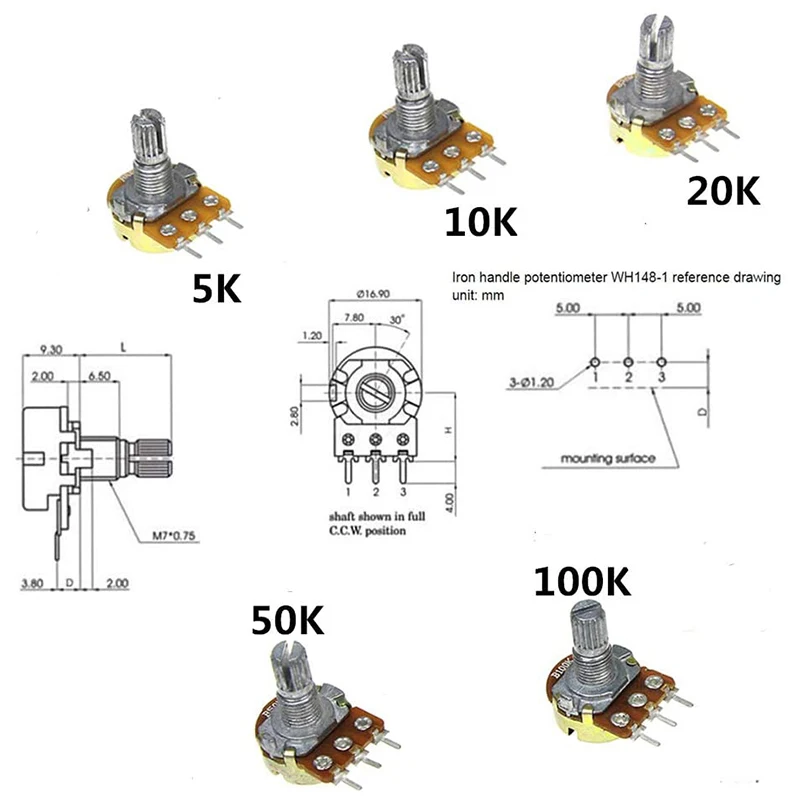 10pcs WH148 potenziometro 3pin 15mm B1M 1K 2K 5K 10K 20K 50K 100K 250K 500K 1M Kit potenziometro lineare con dado