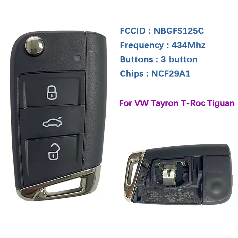 CN001108 3 przycisk oryginalny składana klapka brelok dla VW TAYRON T-ROC Tiguan zdalnego 434Mhz Smart Auto klucz FCCID NBGFS125C NCF29A1