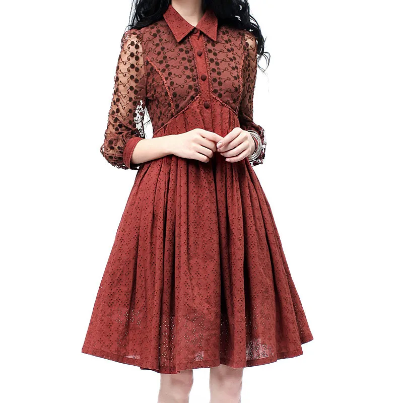 Wanita Desain Asli Musim Semi Vintage Elegan Slim Hepburn Midi Gaun Hollow Out Bordir Mesh Katun