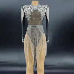 Shining Crystals Mesh Sexy Bodysuit Sparkly Rhinestones Fringes Party Birthday Dress Nightclub Outfit Stage Performance Costume