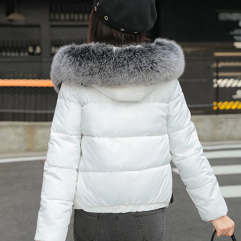 Cropped Jacket Women Slim Fur Collar Hooded Solid Color Zipper Winter Coat Thick Warm Cotton Padded Parkas Elegant Lady Outwear