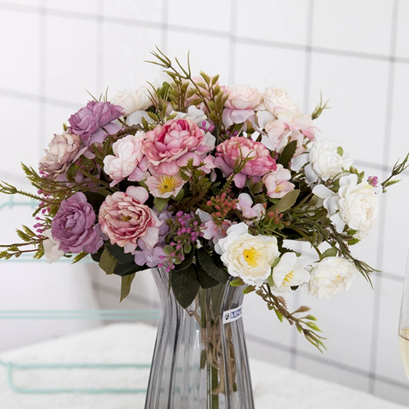 5-Gabel-Ölgemälde, Hortensie, glückliche Rosen, Weihnachtsdekoration für Zuhause, Hochzeitsvasen für Haushaltsprodukte, künstliche Blumen