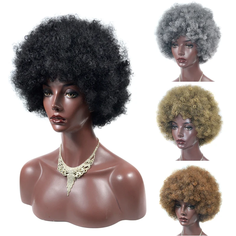 Perruque synthétique Afro courte et moelleuse avec frange pour femmes noires, perruques Afro crépues et bouclées pour Cosplay, danse de fête