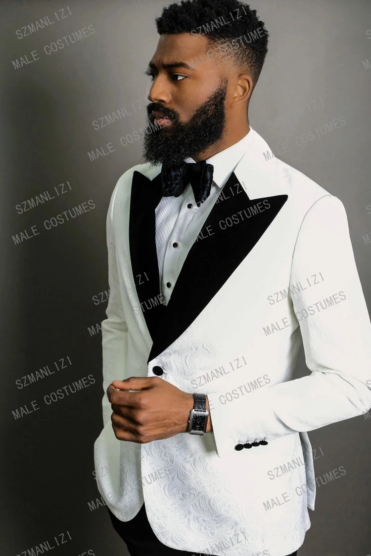 

JELTONEWIN Costume Homme Marriage Smoking Suit Men Custom Made 2 Piece White Jacket Black Pant Floral Formal Tuxedo Groomsman