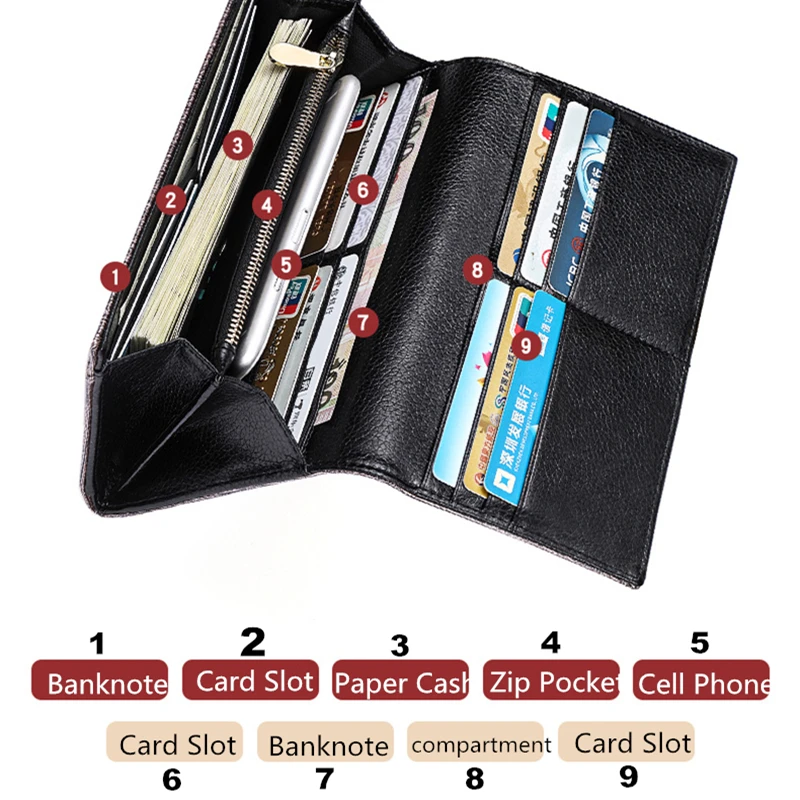 2024 Women\'s Long Wallet Coin Purse Ladies Pearly Lustre Luxury Genuine Leather Wallets Stripe Female Card Holder Phone Bags