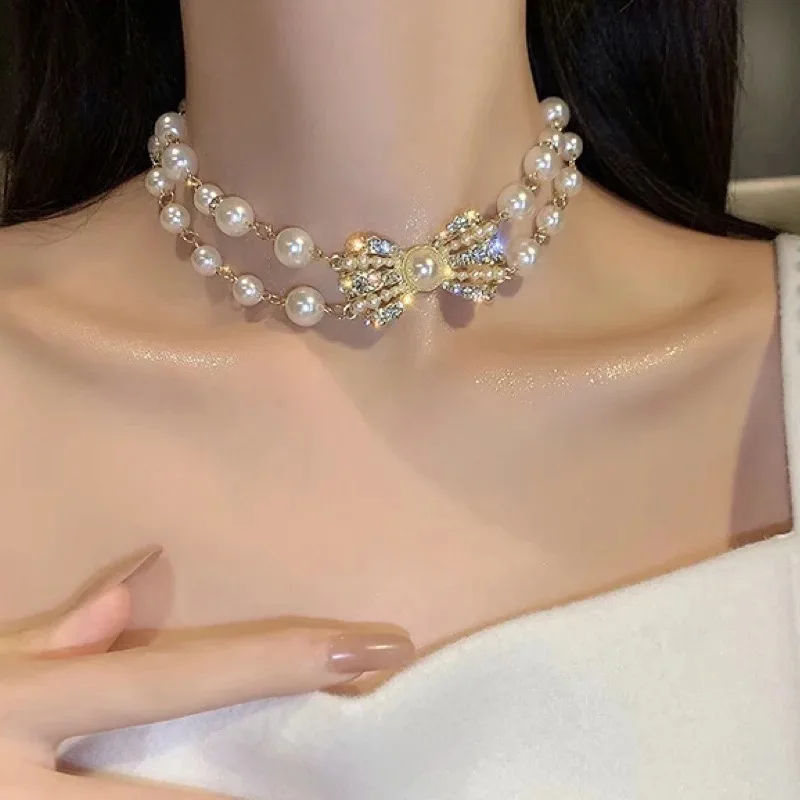 New Style Trend Double-deck Pearl Bow Necklace Fashion Charm Women Inlay Zircon Clavicular Chain Elegant Women Cocktail Jewelry