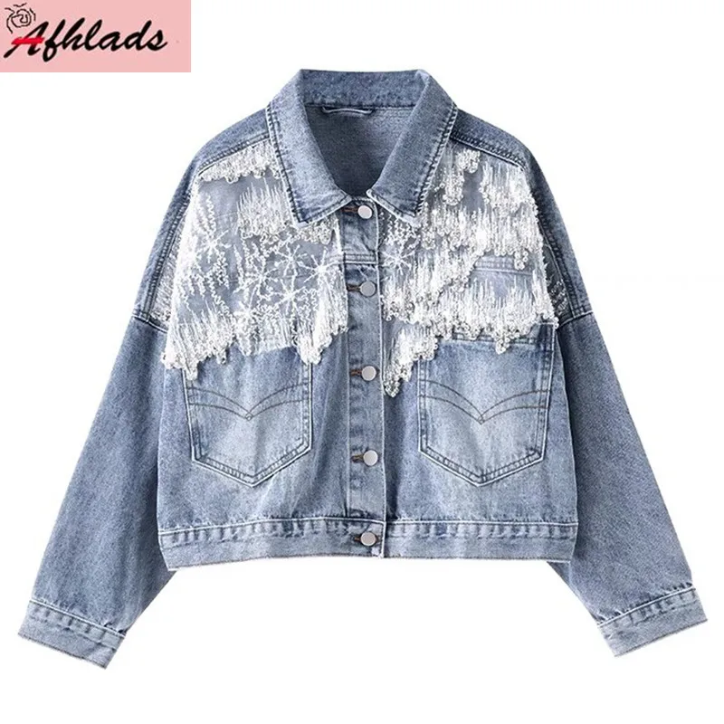 

Beaded Embroidery Hollow Out Mesh Denim Jacket Women's Spring Loose Coats Spring High Quality Luxury Single-Breasted Outerwear