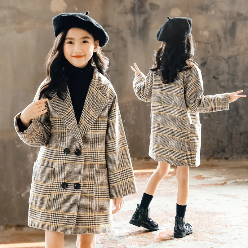 Grid Long Kids Outerwear Manteau Fille Winter Clothes Children's Winter Teen Jacket Cardigan Girl Sheep Wool Coat