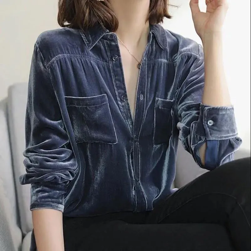 Gold Velvet Jacket Shirt Women Long-Sleeved Top Fashion Coat Female Spring Autumn Loose Pocket Blouses Single-Breasted Jackets